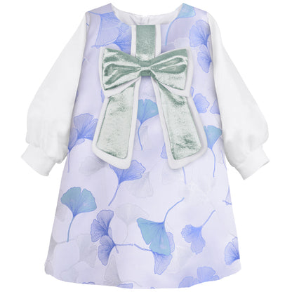 Long-sleeve shift dress with blue floral pattern and green satin bow at collar