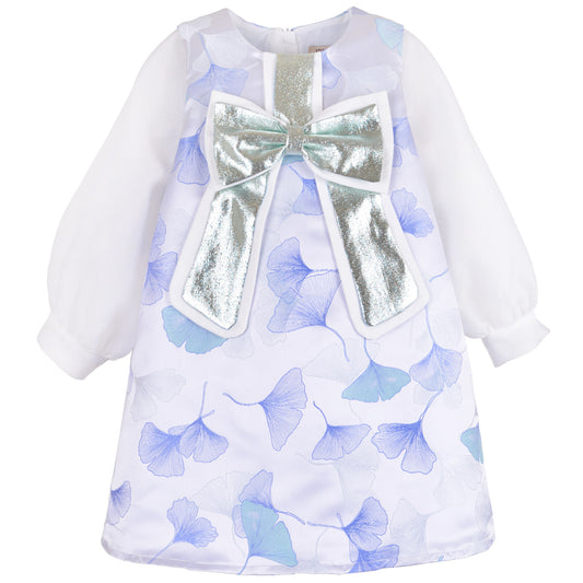 Long sleeve shift dress with blue floral print and large metallic gold bow