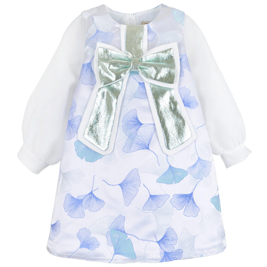 White long-sleeve shift dress with blue floral print and metallic bow detail
