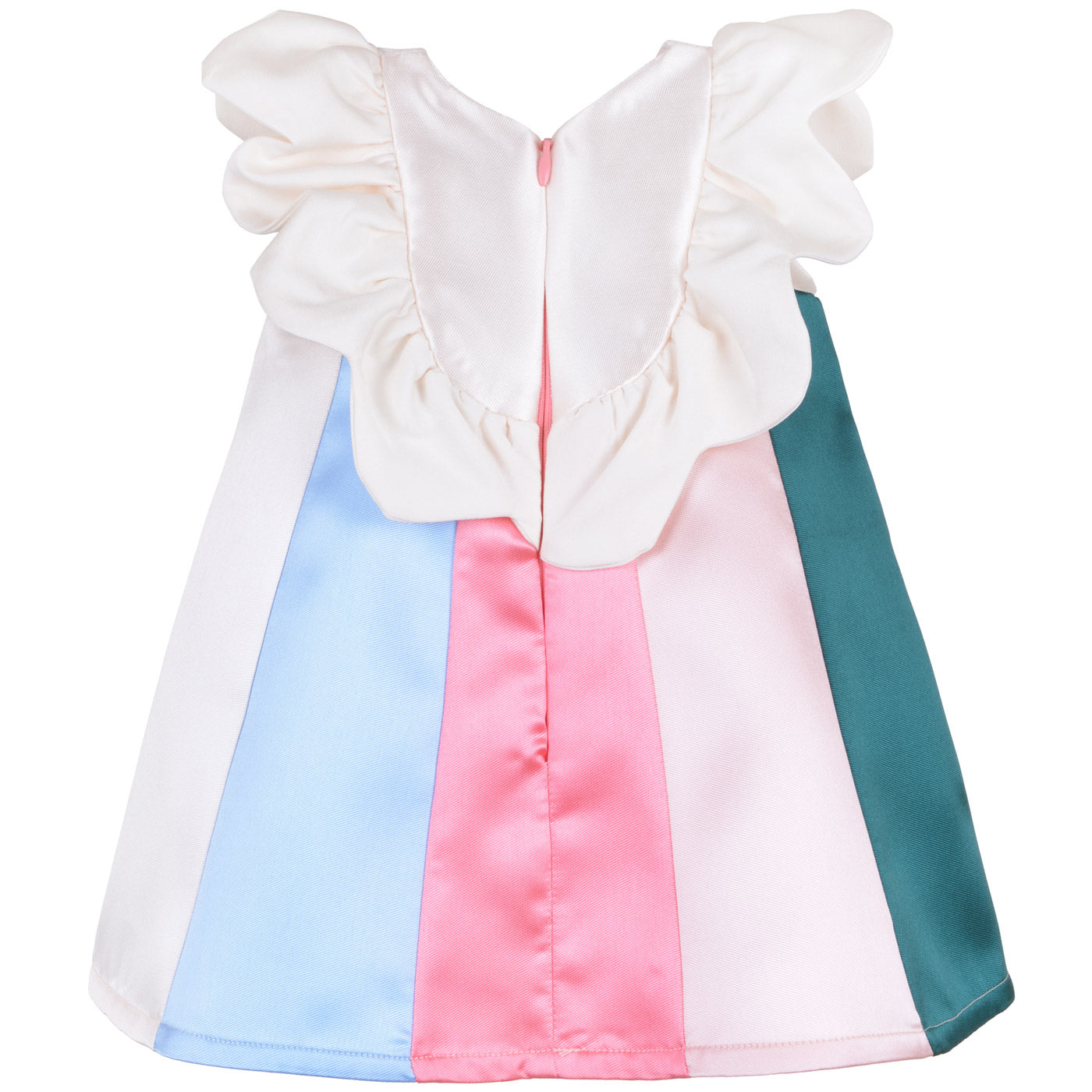 White baby dress with ruffled bib back and rainbow color-block panels