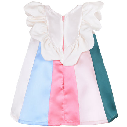 White baby dress with ruffled bib back and rainbow color-block panels