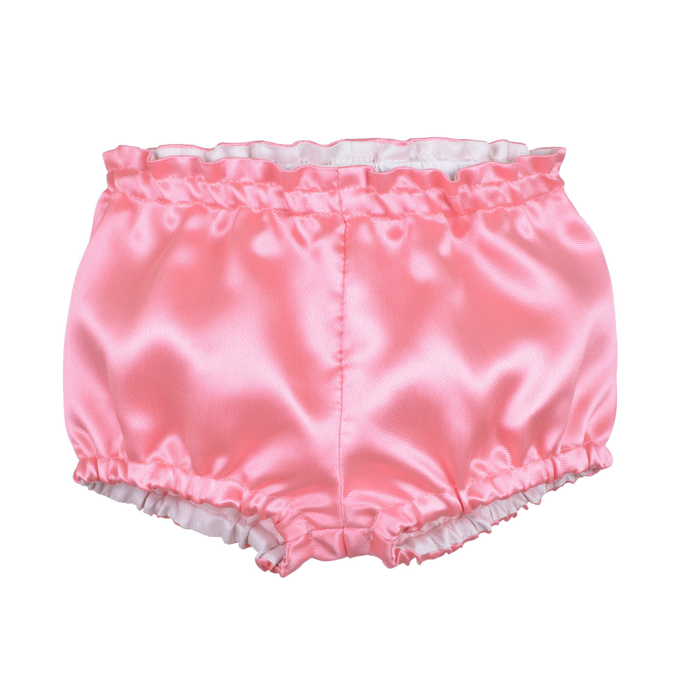 Pink satin bloomers with elastic waist and ruffled trim