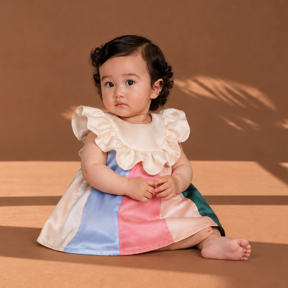 Rainbow patchwork ruffle bib dress with puff sleeves, pastel blue pink green skirt
