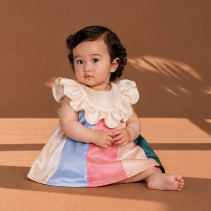 Rainbow patchwork ruffle bib dress with puff sleeves, pastel blue pink green skirt