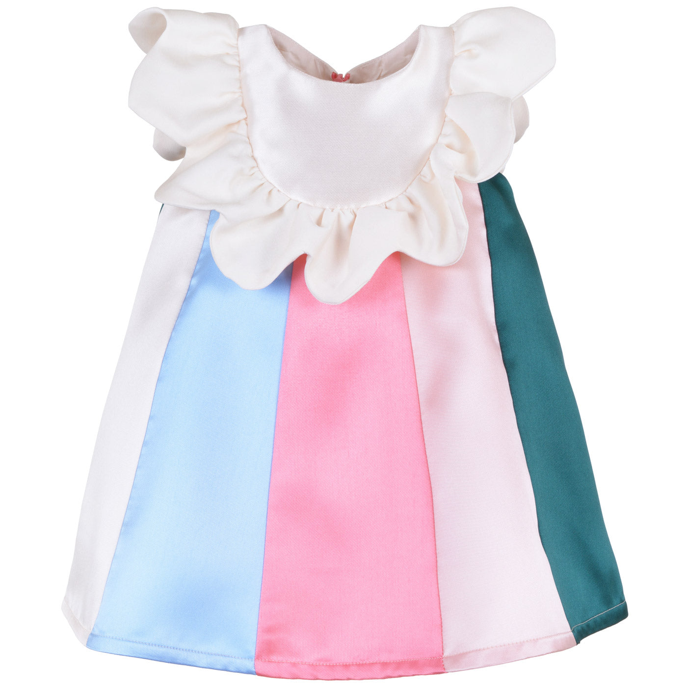 White baby dress with rainbow color-block panels and ruffled bib neckline