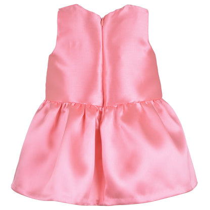 Pink satin sleeveless dress with gathered skirt and V-front panel seam