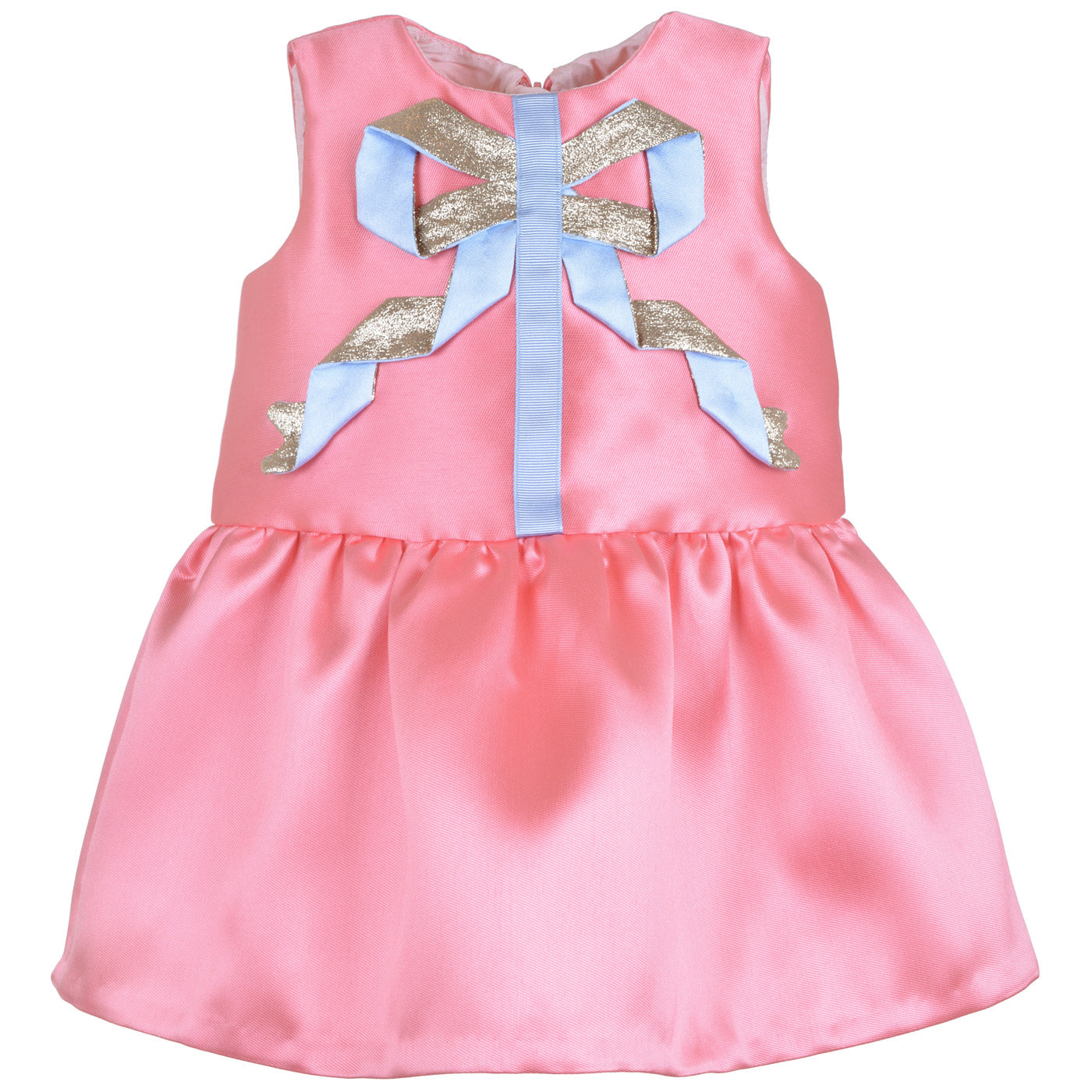 Pink satin sleeveless dress with large bow applique at the neckline