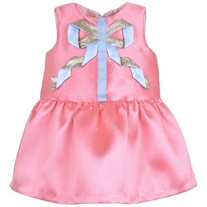 Pink satin sleeveless dress with large bow applique at the neckline