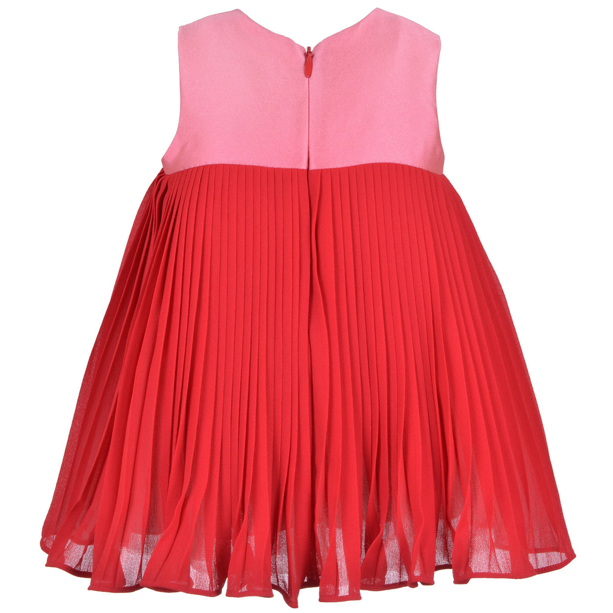 Pink and red sleeveless pleated trapeze dress with sheer hem and button-back
