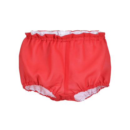 Red pleated bloomers with elastic waist and leg openings, ruffled trim
