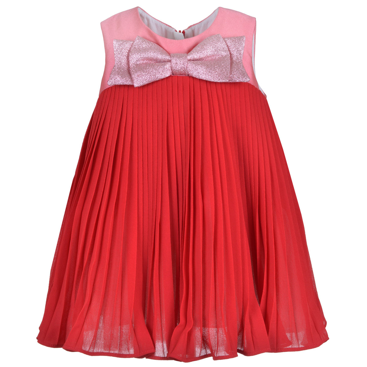 Sleeveless trapeze dress with pink bow at neckline and red pleated skirt