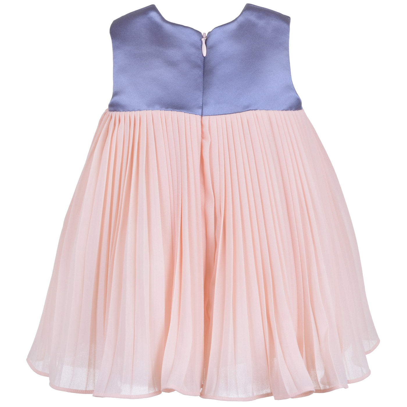 Pleated trapeze dress with bloomers, pale pink pleated skirt and blue top yoke