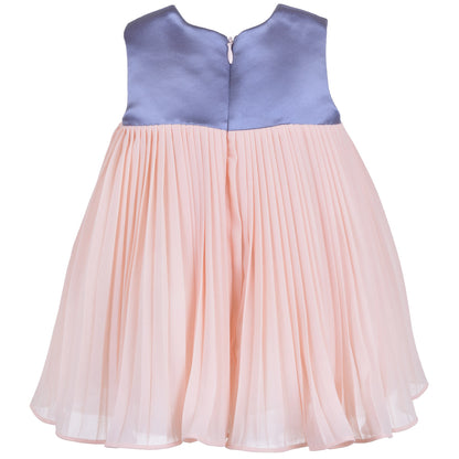 Pleated trapeze dress with bloomers, pale pink pleated skirt and blue top yoke