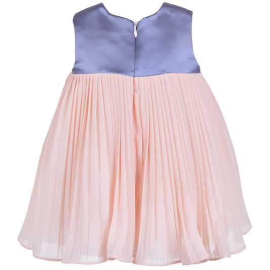 Pleated trapeze dress with bloomers, pale pink pleated skirt and blue top yoke