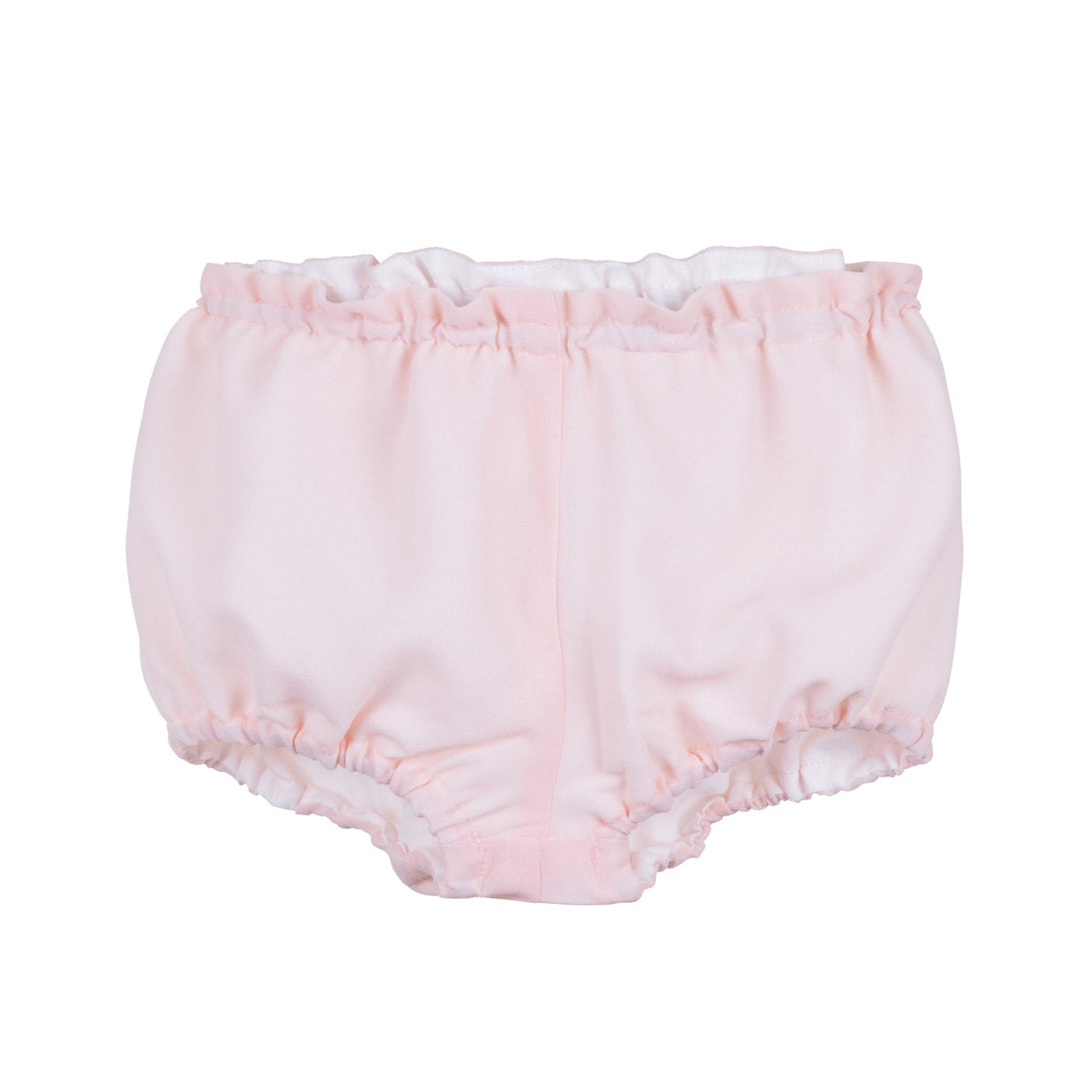 Light pink bloomers with gathered elastic waist and soft ruffled leg opening