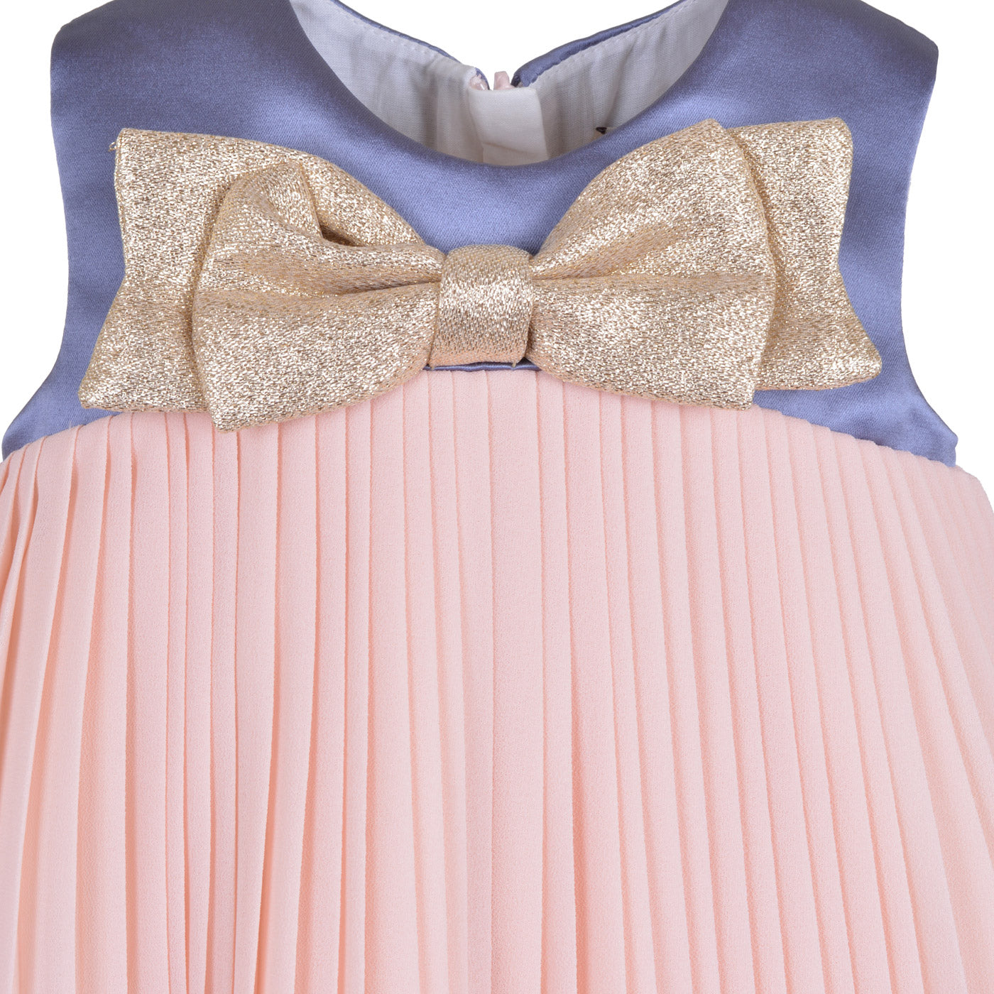 Gold glitter bow on blue yoke with pink pleated skirt