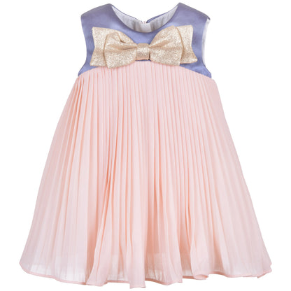 Pleated trapeze dress with bloomers, pink pleated skirt and gold bow at blue yoke