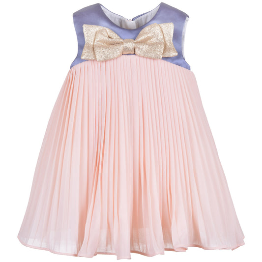 Pleated trapeze dress with bloomers, pink pleated skirt and gold bow at blue yoke
