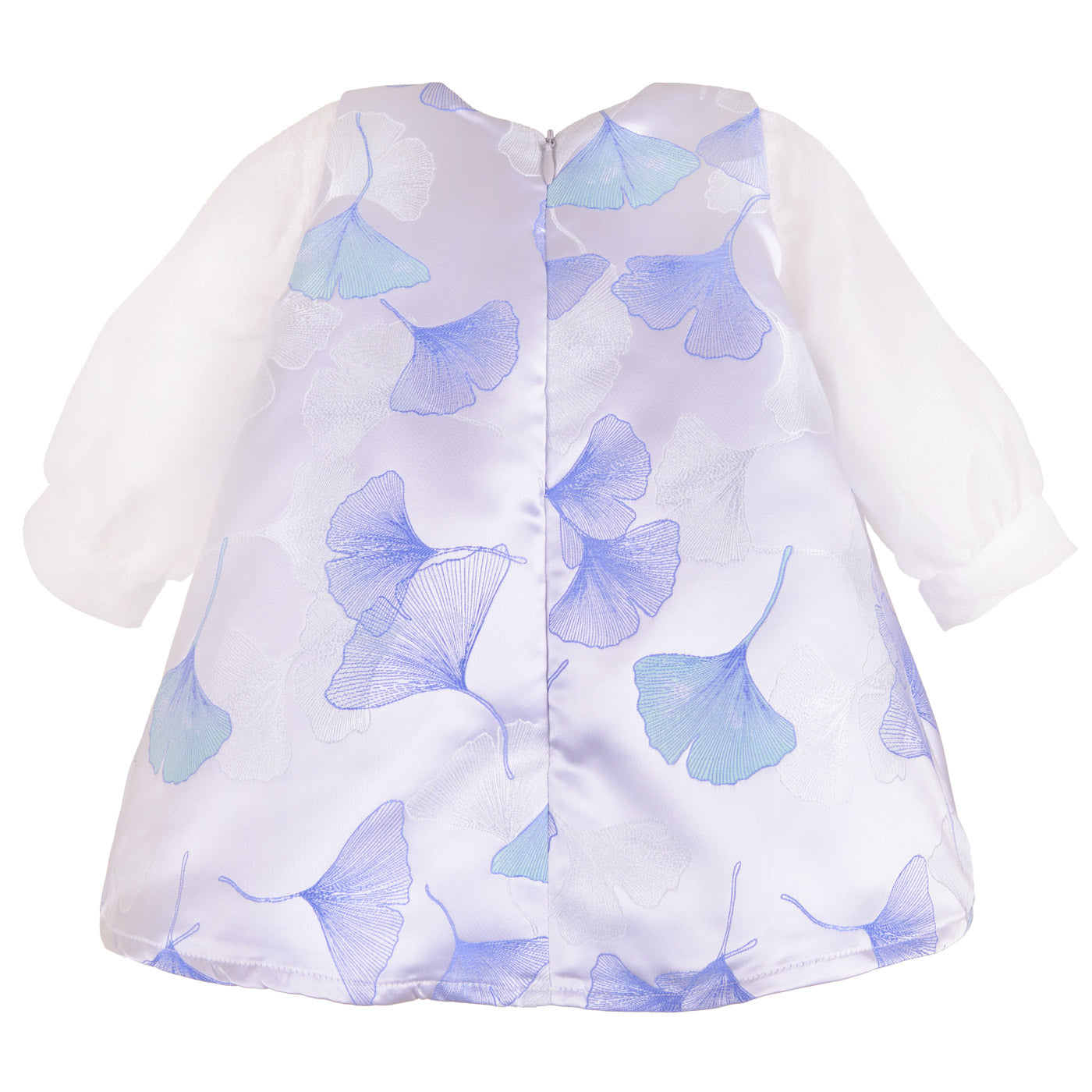 White long-sleeve shift dress with blue ginkgo leaf print, front button placket