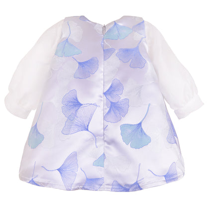 White long-sleeve shift dress with blue ginkgo leaf print, front button placket