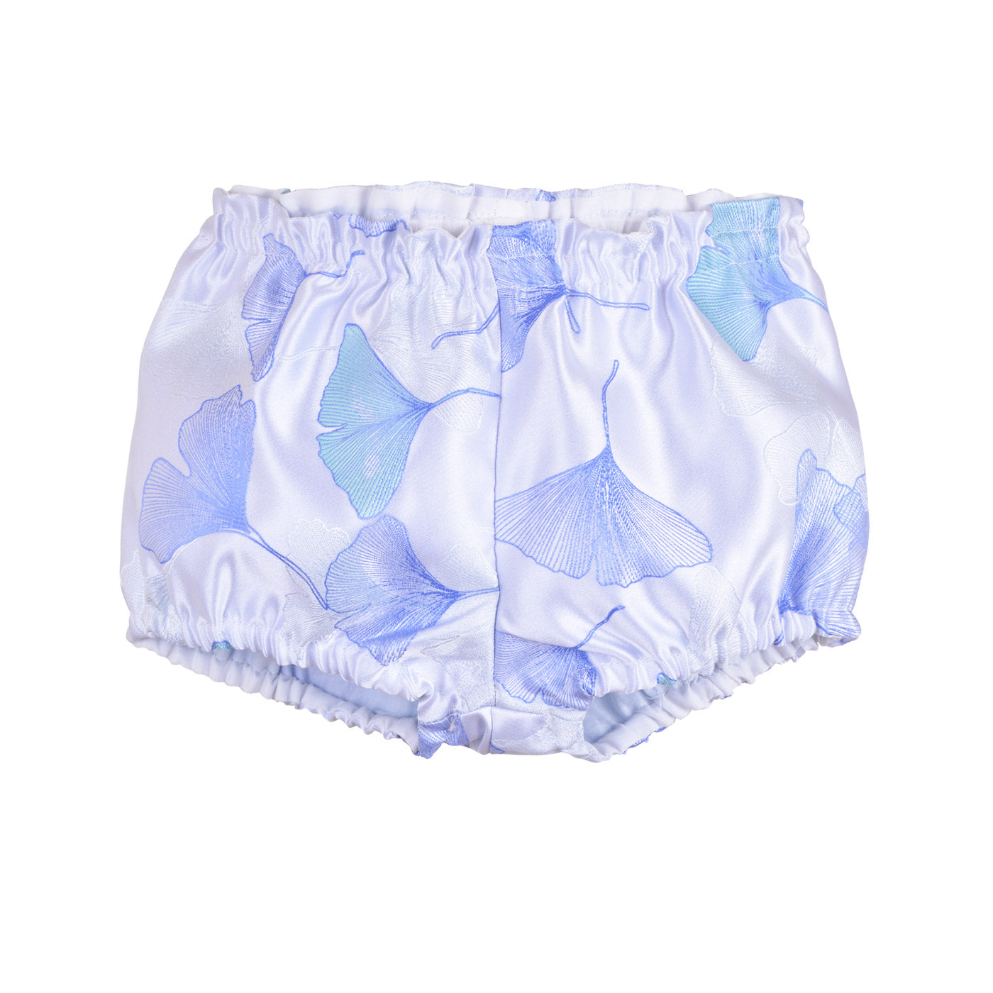 White bloomers with elastic waist and blue ginkgo leaf print