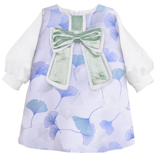 Long sleeve shift dress with blue floral pattern and mint-green bow at neckline