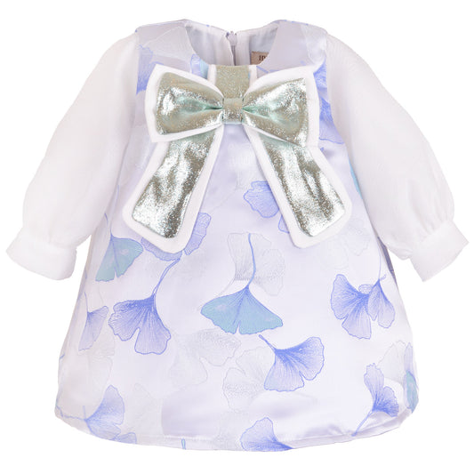 White long-sleeve shift dress with blue ginkgo print and iridescent gold bow at neck