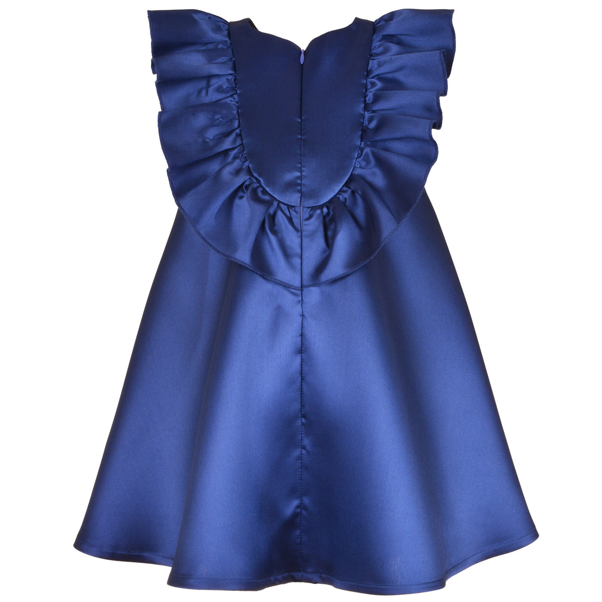 Blue satin trapeze dress with ruffle bib and center front seam