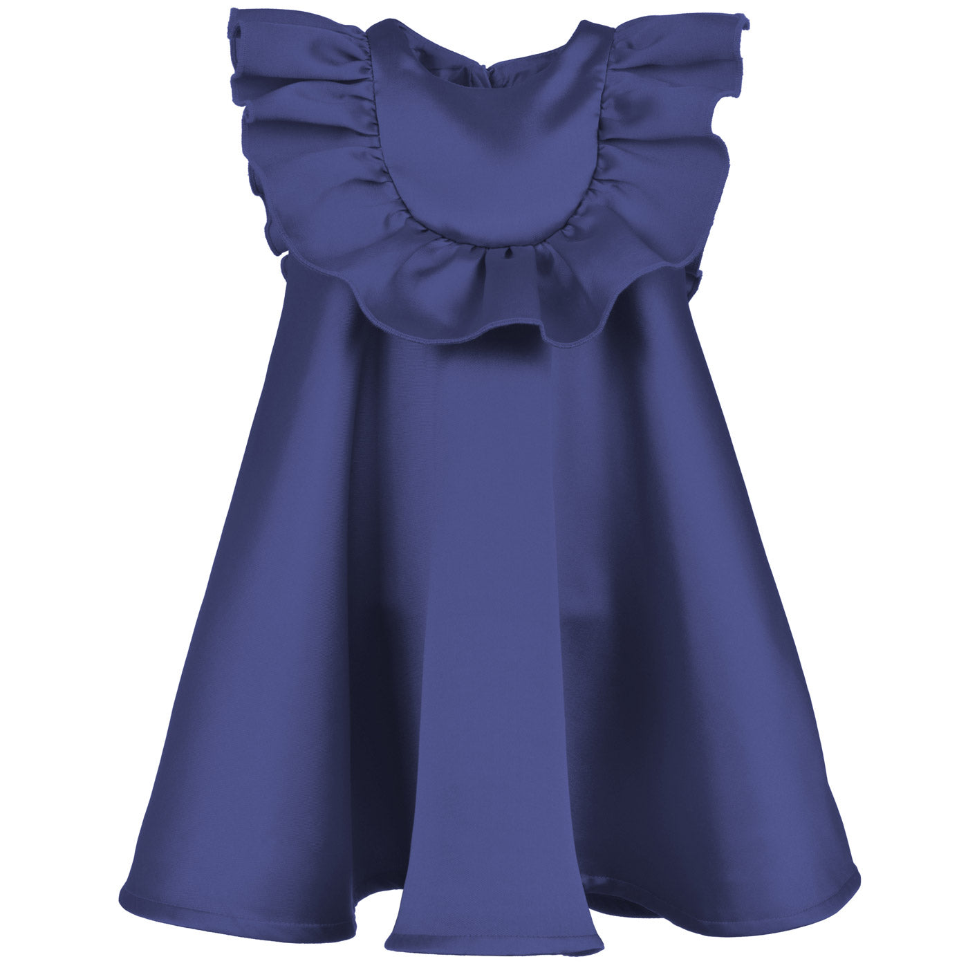 Blue ruffle bib trapeze dress with tiered shoulder ruffles and sleeveless bodice