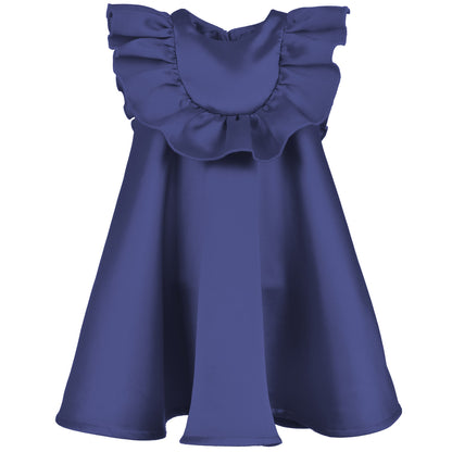 Blue ruffle bib trapeze dress with tiered shoulder ruffles and sleeveless bodice