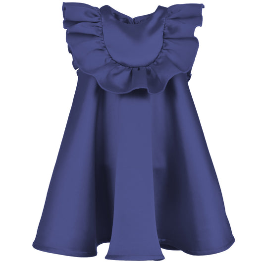 Blue ruffle bib trapeze dress with tiered shoulder ruffles and sleeveless bodice