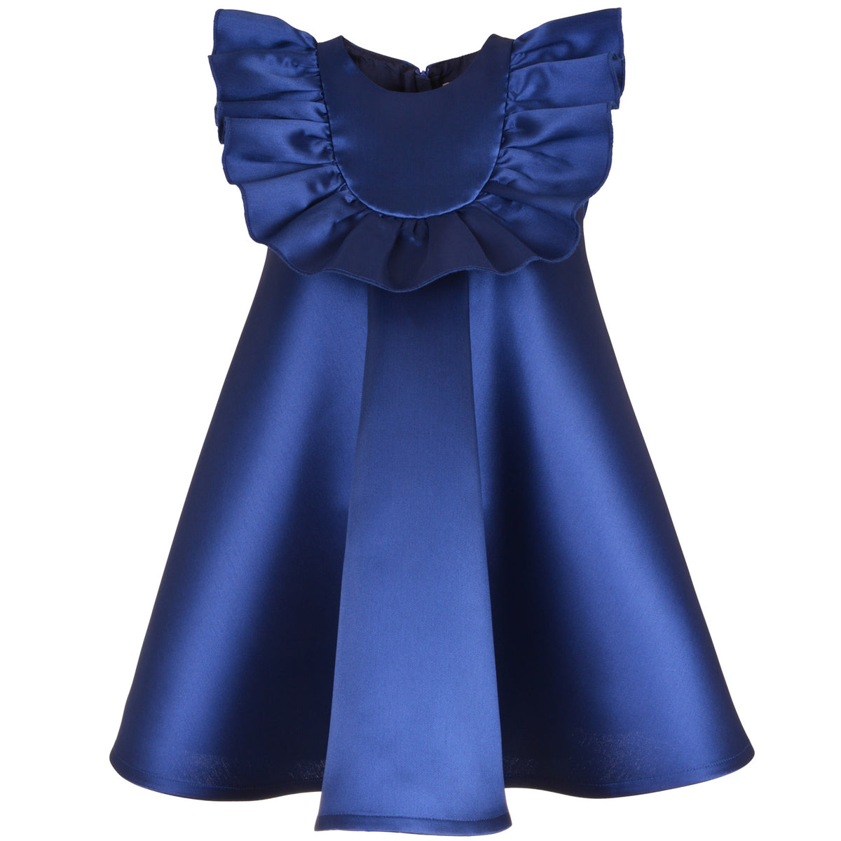 Blue satin trapeze dress with ruffle bib and flutter sleeves