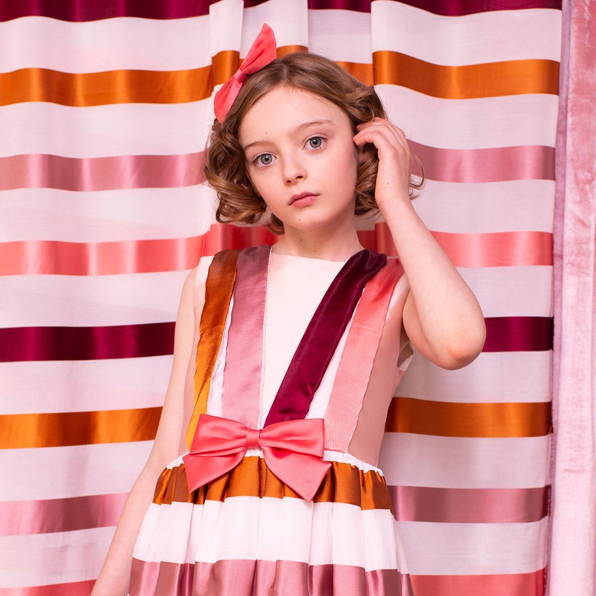 Girl's Draped Front Bodice Dress in Rust, Cherry and Coral