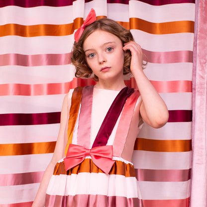 Girl's Draped Front Bodice Dress in Rust, Cherry and Coral