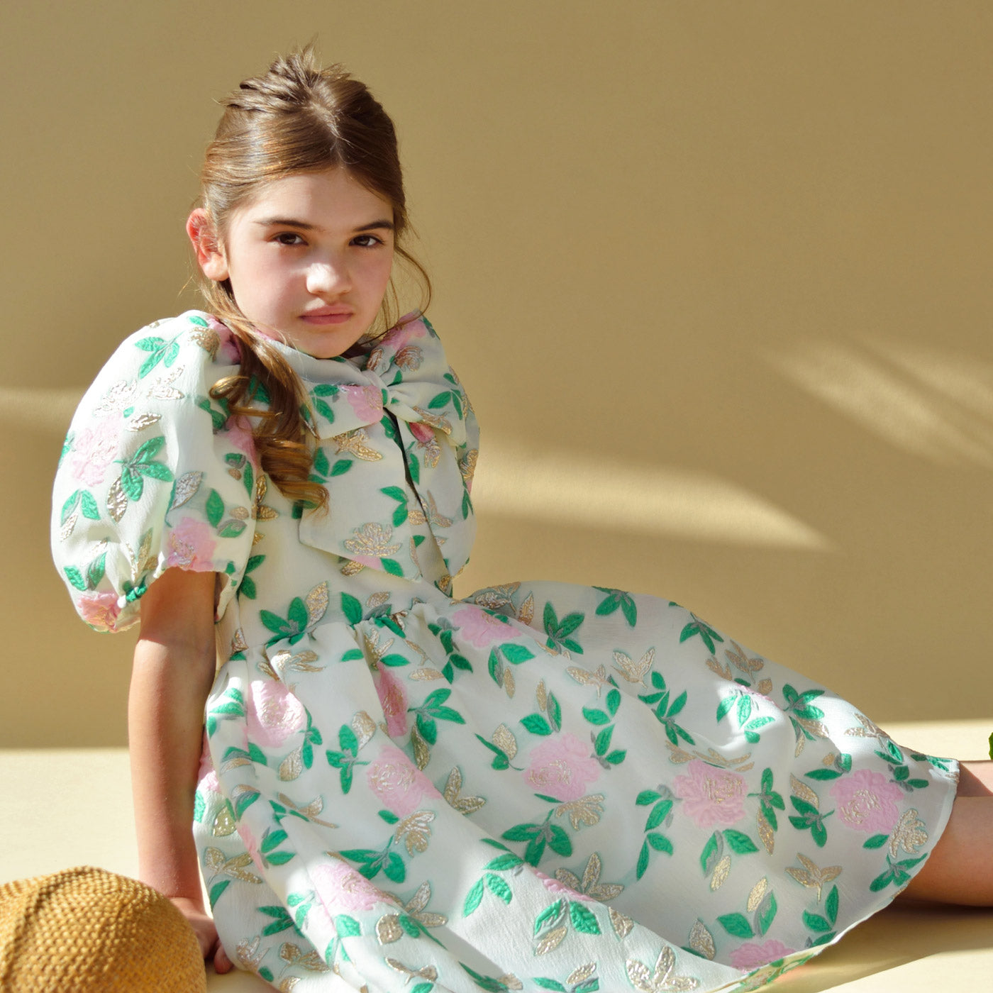 Girl's Puff Sleeve Bodice Dress in Spring Green