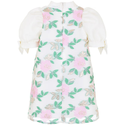 Girl's Puff Sleeve Shift Dress in Spring Green and Sugared Almond