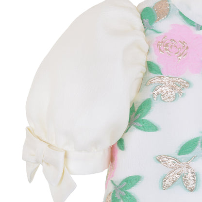 Girl's Puff Sleeve Shift Dress in Spring Green and Sugared Almond