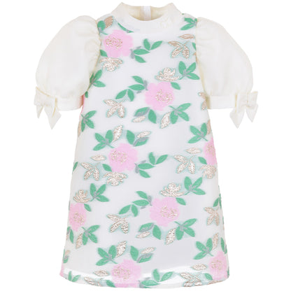 Girl's Puff Sleeve Shift Dress in Spring Green and Sugared Almond
