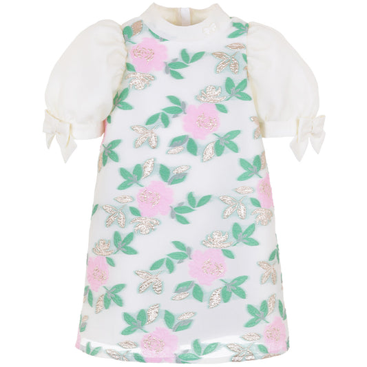 Girl's Puff Sleeve Shift Dress in Spring Green and Sugared Almond