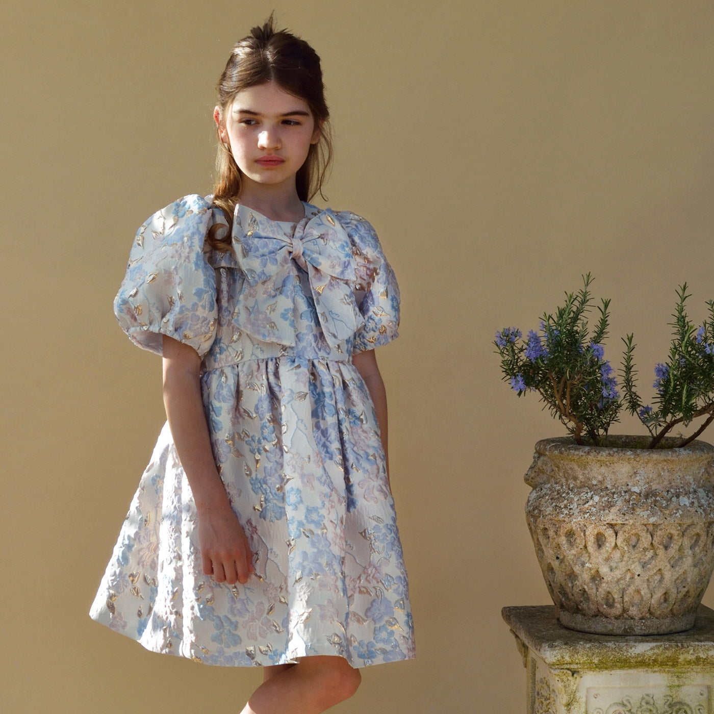 Girl's Puff Sleeve Bodice Dress in Powder Blue and Cream