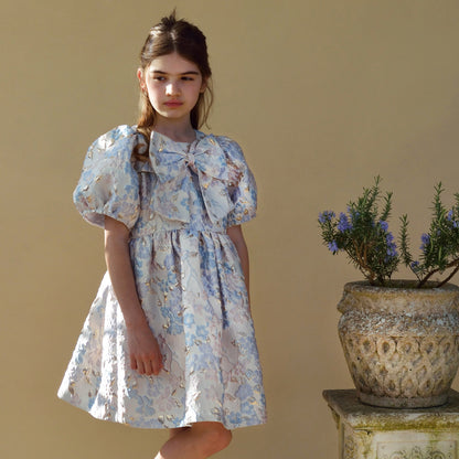 Girl's Puff Sleeve Bodice Dress in Powder Blue and Cream
