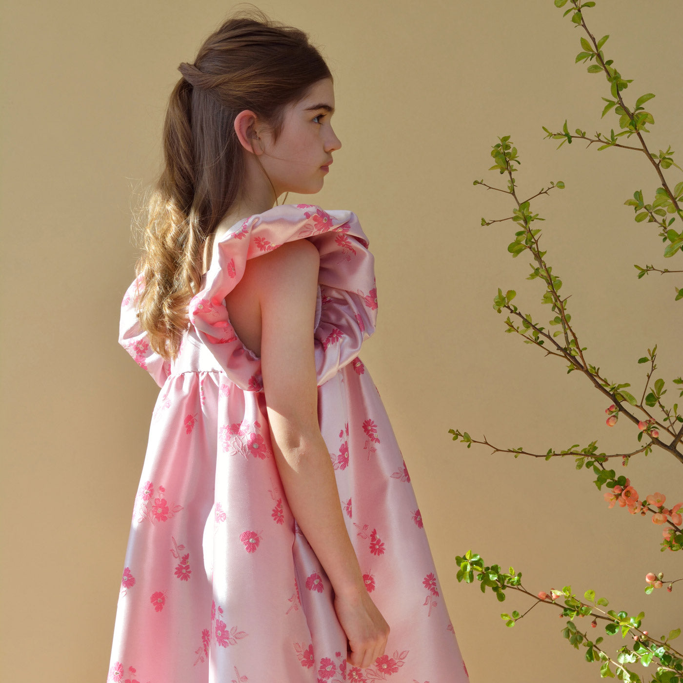 Girl's Twisted Sleeve High Low Dress in Bright Pink and  Rose