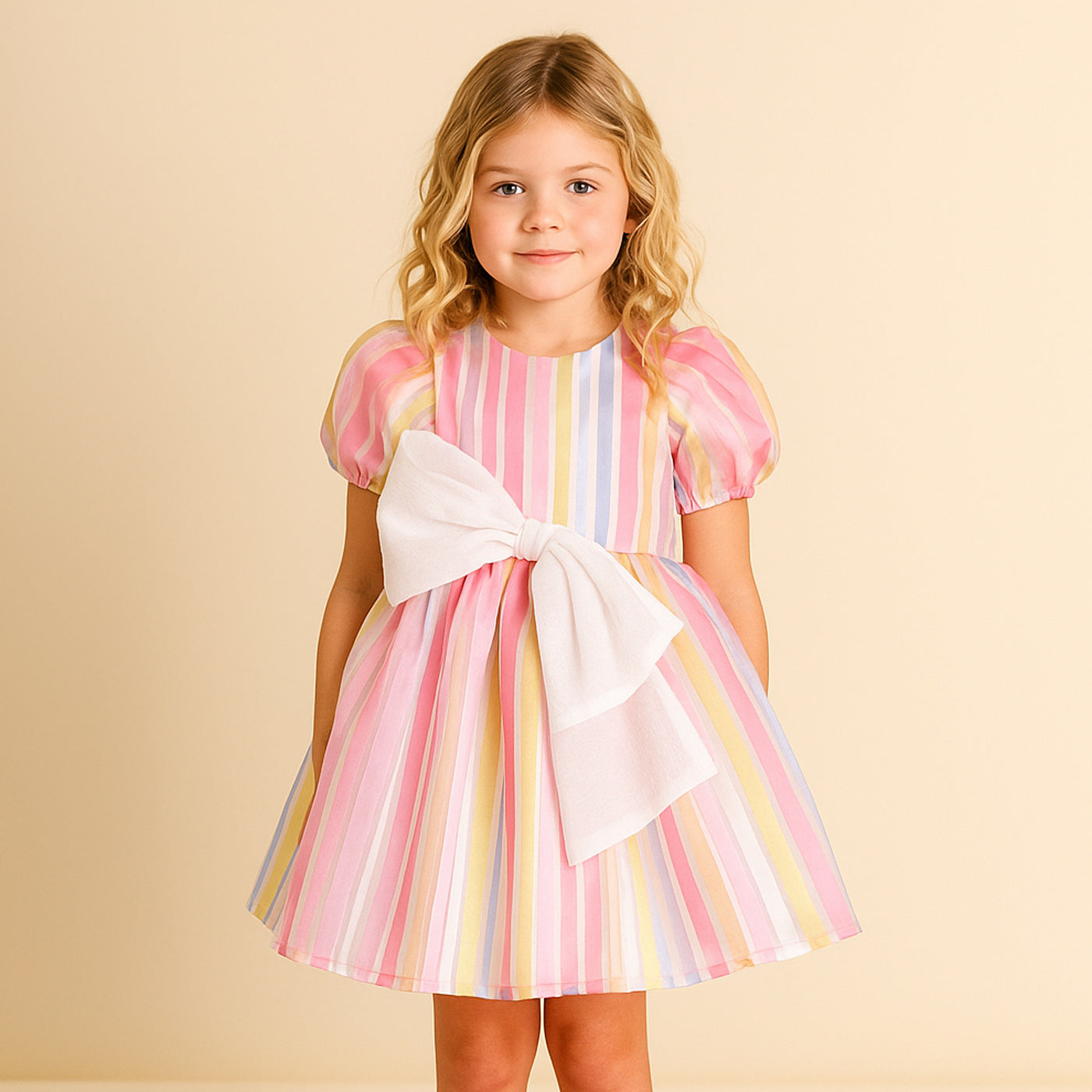 Girl's  Puff Sleeve Bodice Dress in Multi