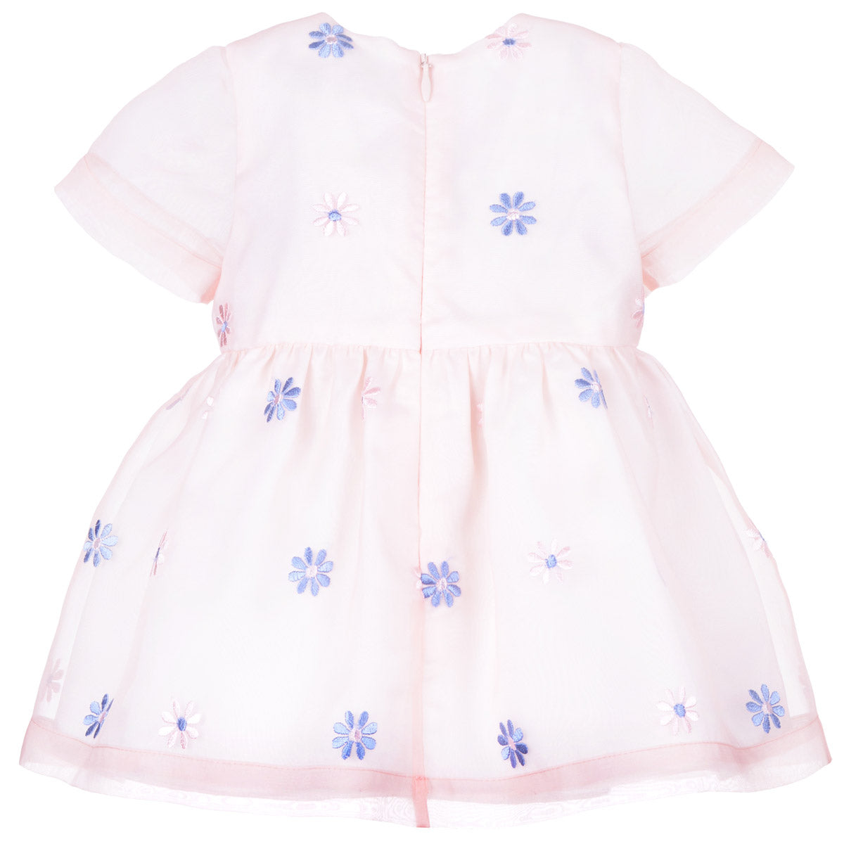Mini bow bodice dress back view, white with blue flower print and gathered skirt