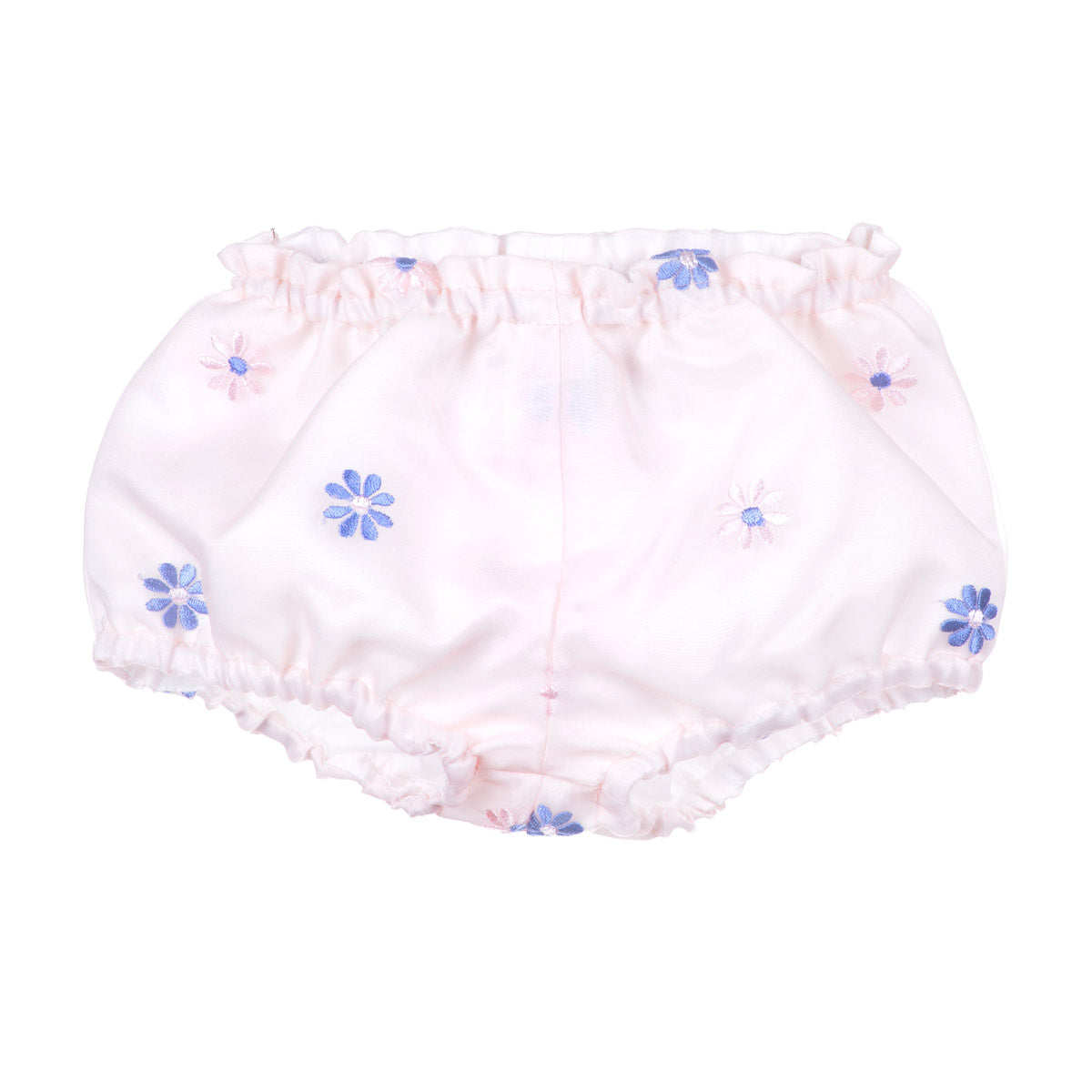 Matching bloomers with elastic waistband and blue flower pattern on pale fabric