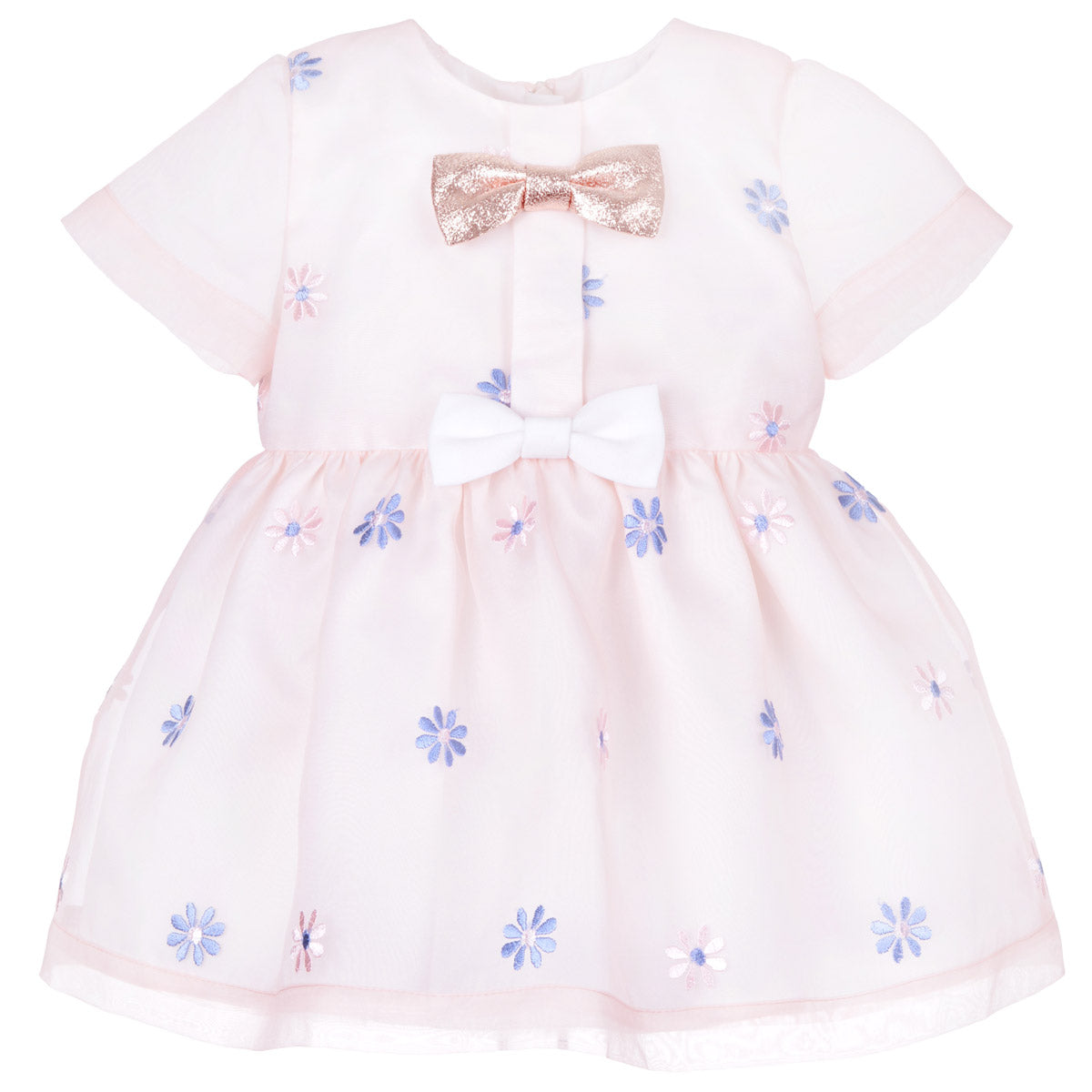 Mini bow bodice dress front, pale fabric with rose-gold bow and blue floral trim, white bow accents