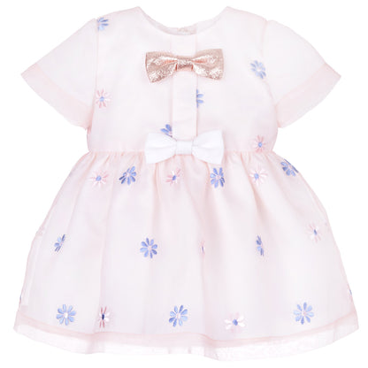 Mini bow bodice dress front, pale fabric with rose-gold bow and blue floral trim, white bow accents