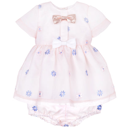 Mini bow bodice dress front, pale with blue flower print, rose-gold bow and white sash