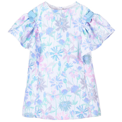 Girl's Ruffle Sleeve Shift Dress in Mint and Cerulean