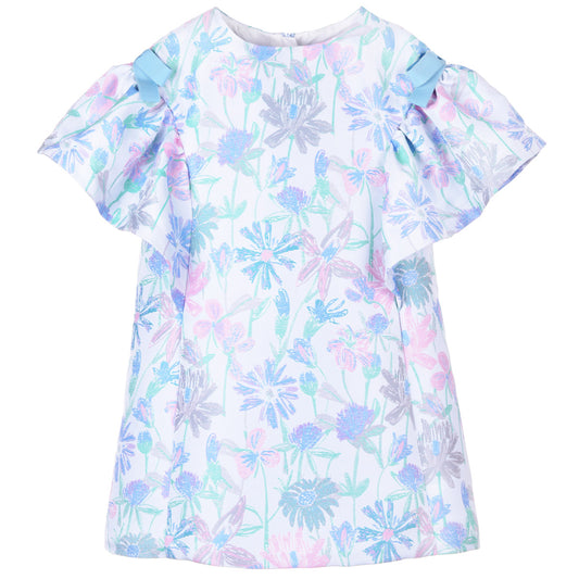 Girl's Ruffle Sleeve Shift Dress in Mint and Cerulean